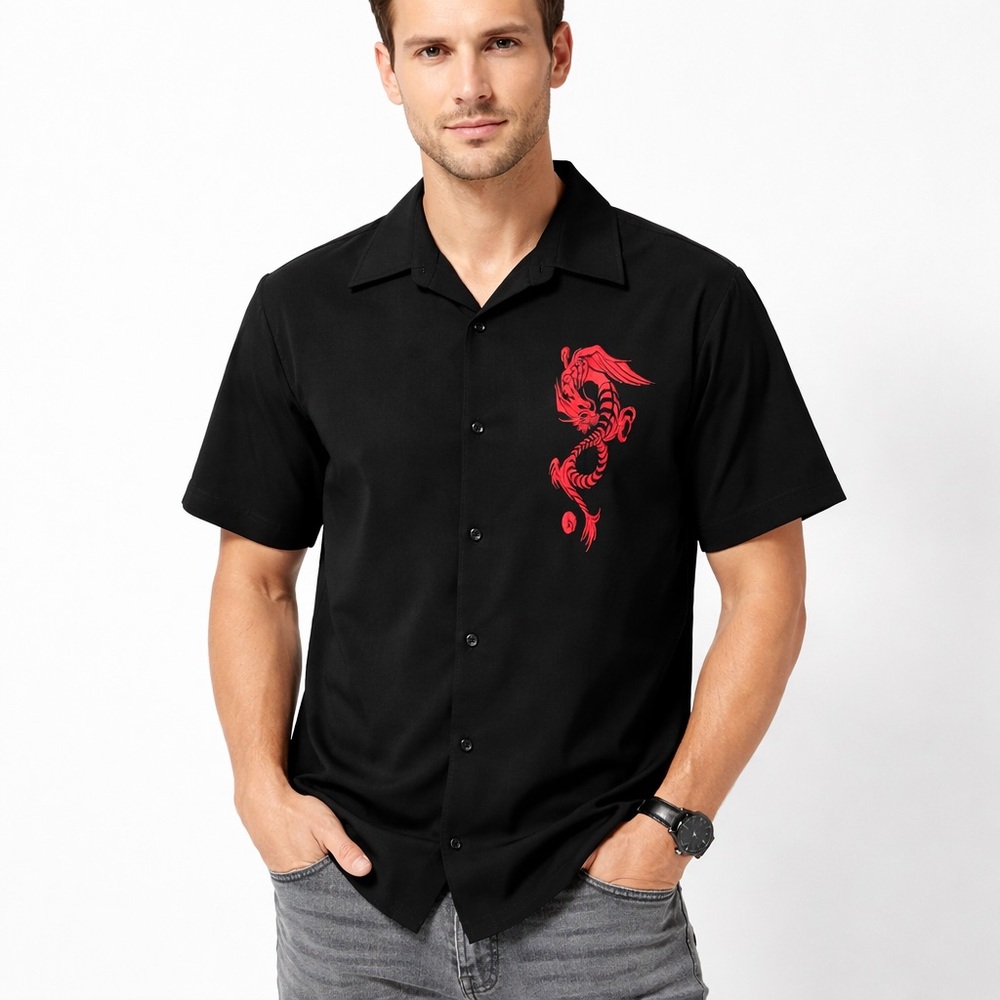 Vintage Black Shirt with Red Embroidered Dragon XL
